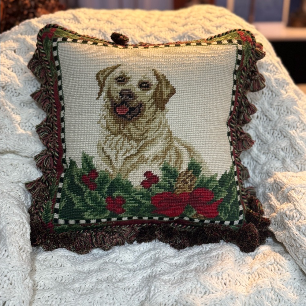 Holiday Dog Needlepoint Pillow